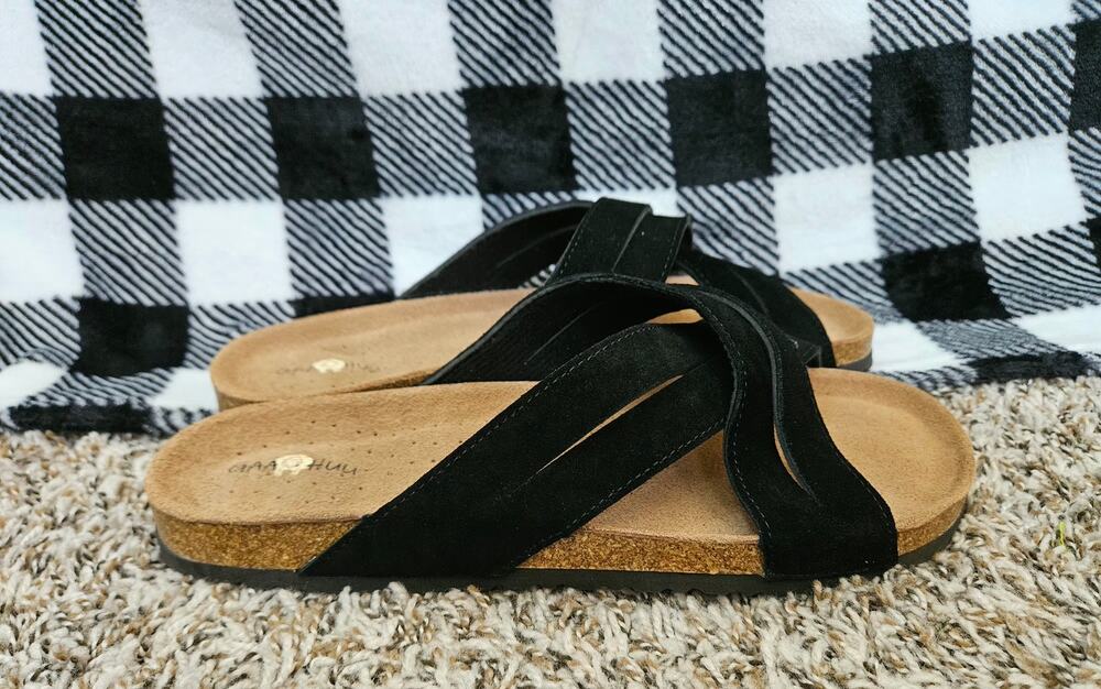 GaaHuu Black Leather Cork Footbed Slide Sandals Women’s Size 11